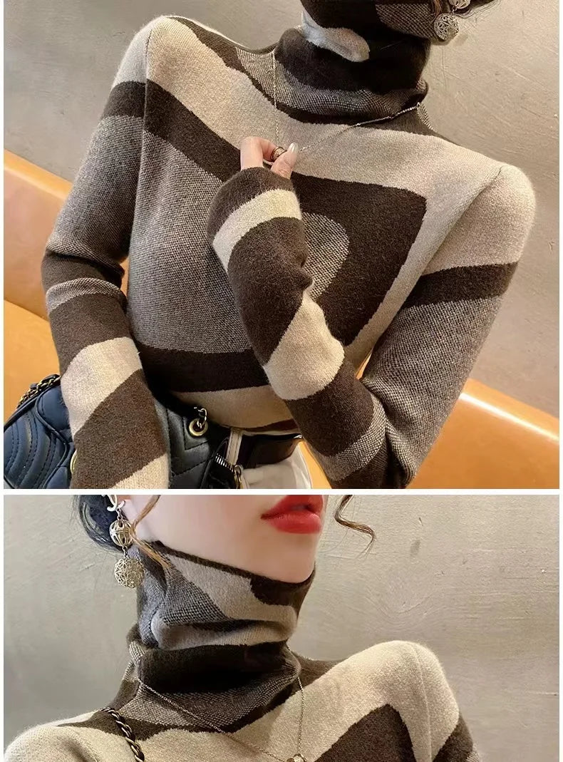 Women Clothing Fashion All-match Slim Knit Pullovers Autumn Winter Elegant Chic Geometric Patchwork Sweaters Office Lady Y2k Top