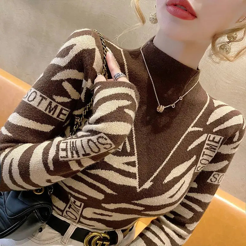 Autumn Office Lady Patchwork Knitting Turtleneck Long Sleeve Pullovers Women Clothes Fashion Letter Slim Top Tee Ladies Sweater