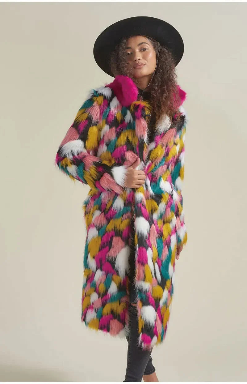 Women Faux Fur Long Coat Rainbow Colorful Faux Fox Fur Autumn Winter Lady Fashion Street Warm Quality 2023 Cloth Lugentolo