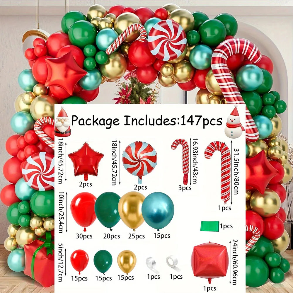 137PCS Christmas Balloon Set Candy Cane Aluminum Film Balloon Red Green White Christmas New Year Balloon Chain Arch Wreath Set
