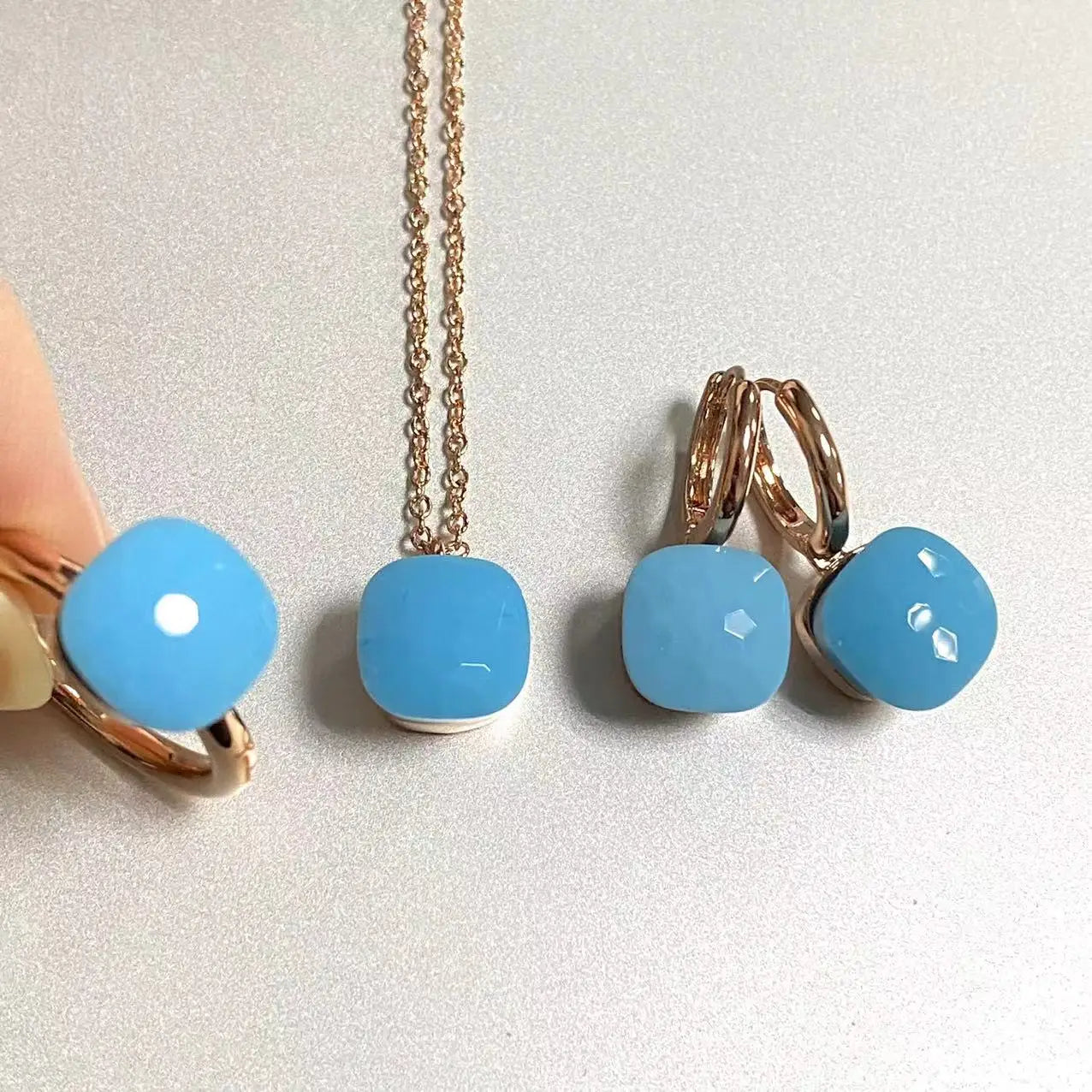 3Pcs/Set Women Ring Earrings Necklace Jewelry Set 34Colors Pink Crystal Jewelry Set Rose Gold Plated Jewelry