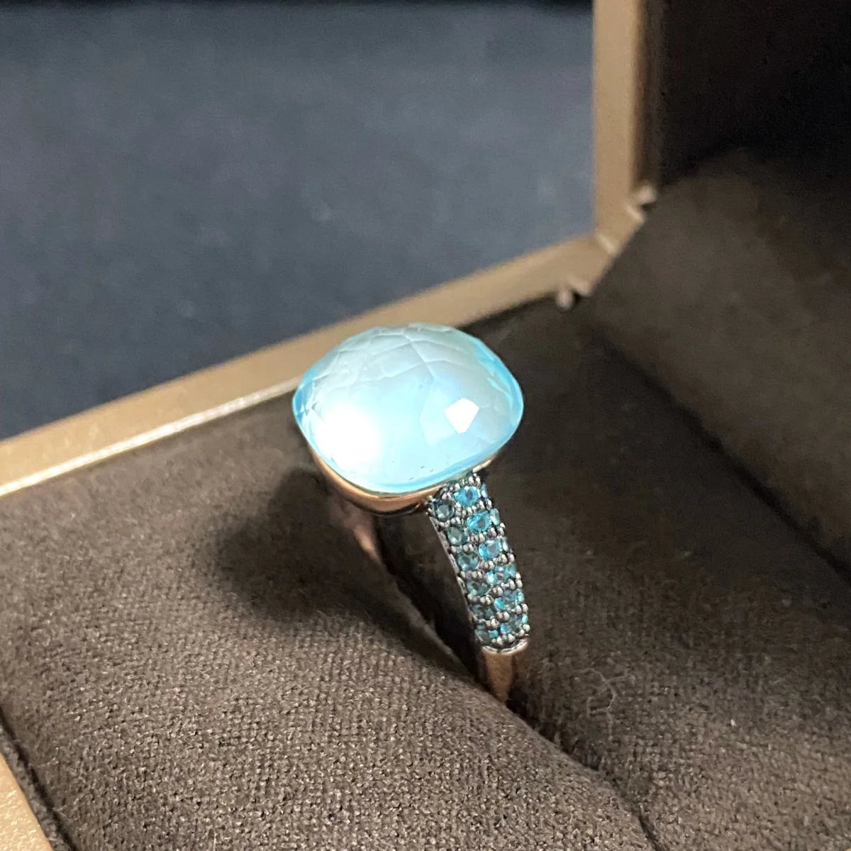 Blue Topaz Ring Inlay Black Zircon With Black Gun Plated 12.6mm Flat Crystal Ring For Women Party Fashion Jewelry Gift