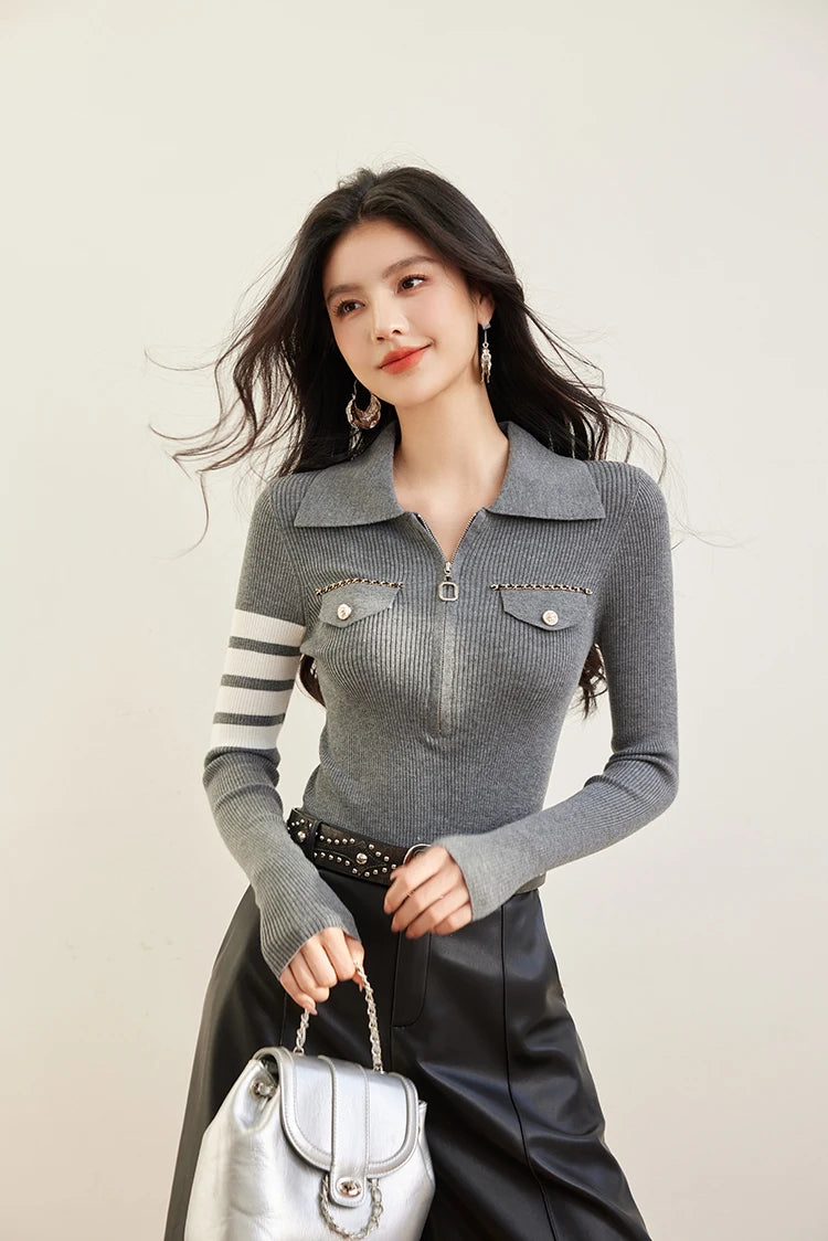 H Han Queen Spring Autumn Zipper Tops Slim Knitted Bottom Shirt Women's Sweater Striped  Casual Knitted Pullover Sweater