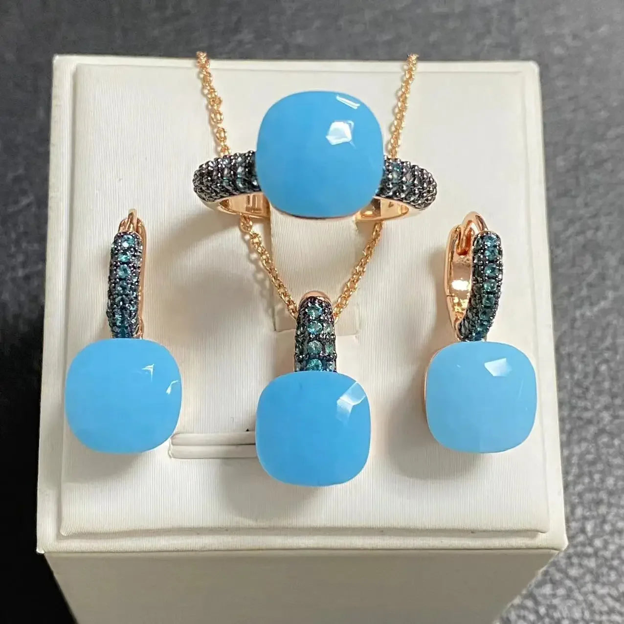 3Pcs Gun Black Plated Blue Zircon Jewelry Set for Women Includes Ring Earrings Necklace Elegant Crystal Blue Topaz Matching Gift