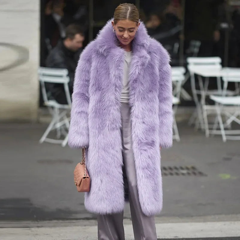 Women  Thick Faux Fur Jacket Colorblock Autumn Winter Maxi Coat Long Warm Luxury Fur  Outerwear