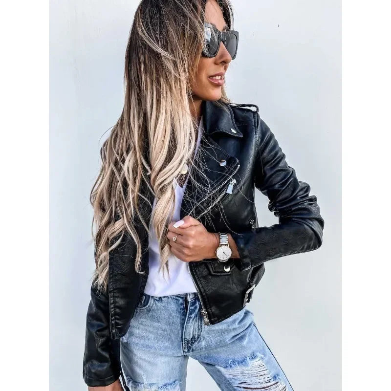 Locomotive PU Jackets Outwear Women Long Sleeve Zipper Fashion Jacket PU Leather Coat Motorcycle Short Coats Outwear