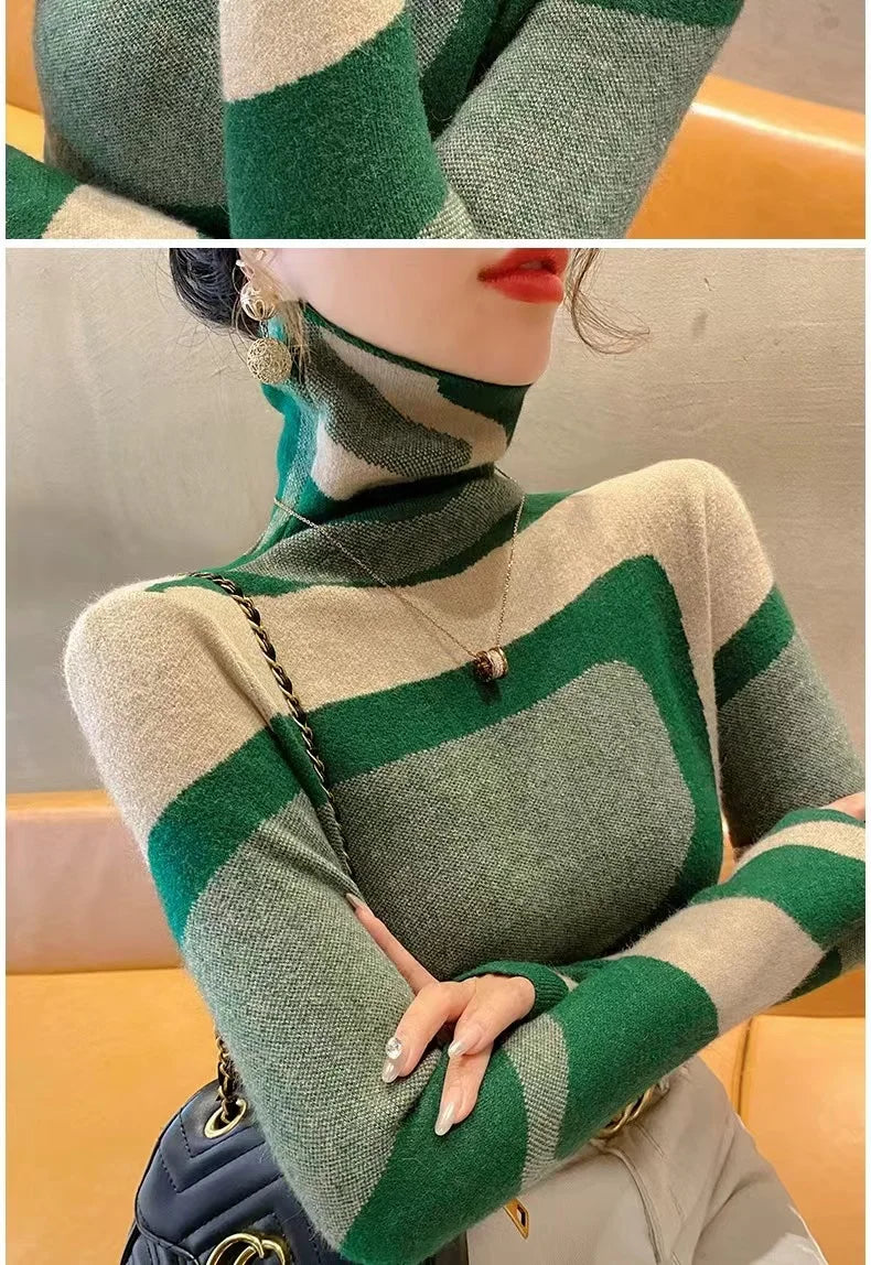 Women Clothing Fashion All-match Slim Knit Pullovers Autumn Winter Elegant Chic Geometric Patchwork Sweaters Office Lady Y2k Top