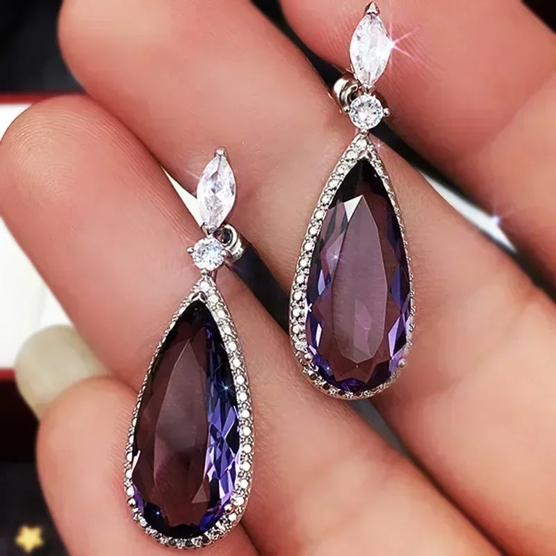 Luxury Square Purple Cubic Zirconia Crystal Earrings  for Women New FashionExquisite Fashion Gold Color Dangle  Wedding Jewelry