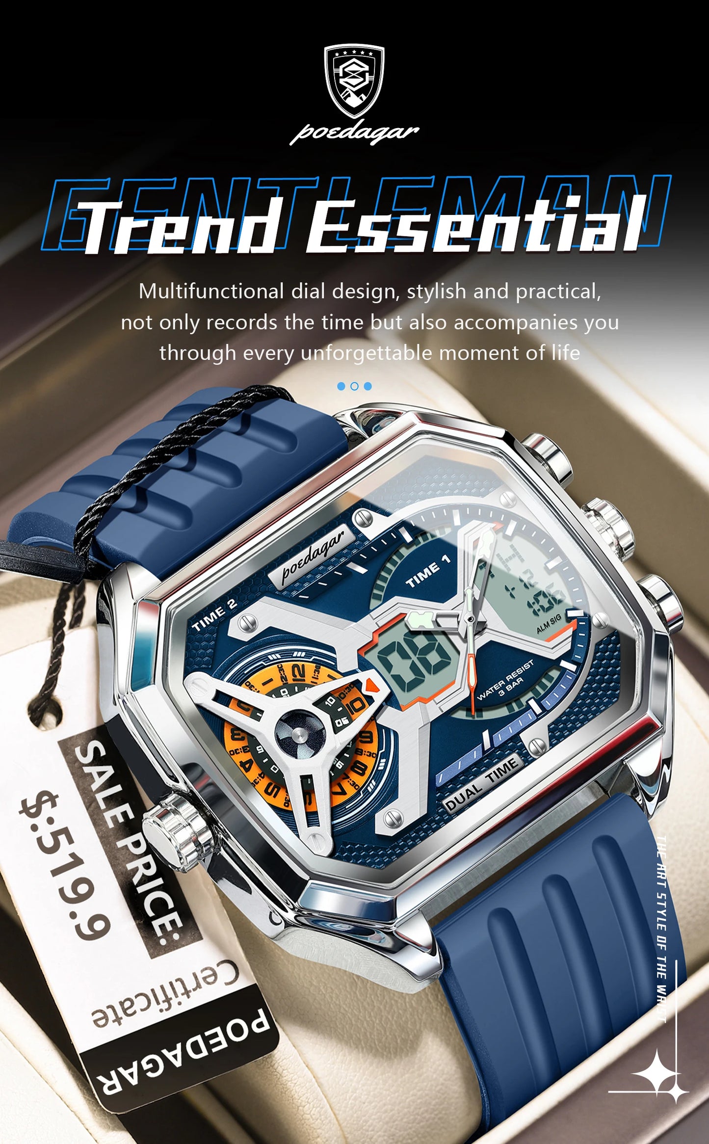 POEDAGAR Top Luxury Men Clock LED Calendar Week Luminous Man Wristwatch Electronic Rectangle Silicone Strap Quartz Men's Watches