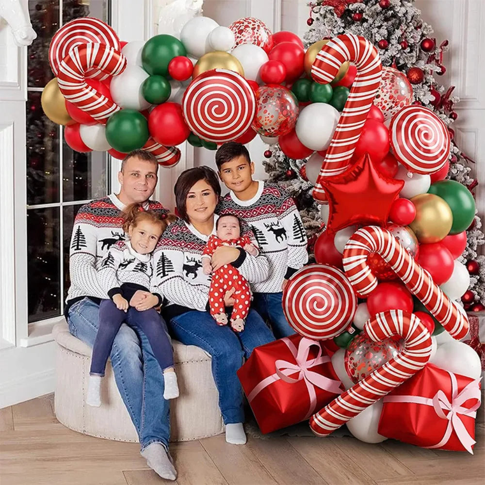 137PCS Christmas Balloon Set Candy Cane Aluminum Film Balloon Red Green White Christmas New Year Balloon Chain Arch Wreath Set