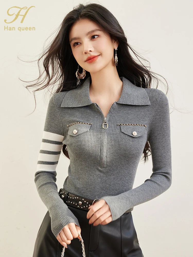H Han Queen Spring Autumn Zipper Tops Slim Knitted Bottom Shirt Women's Sweater Striped  Casual Knitted Pullover Sweater