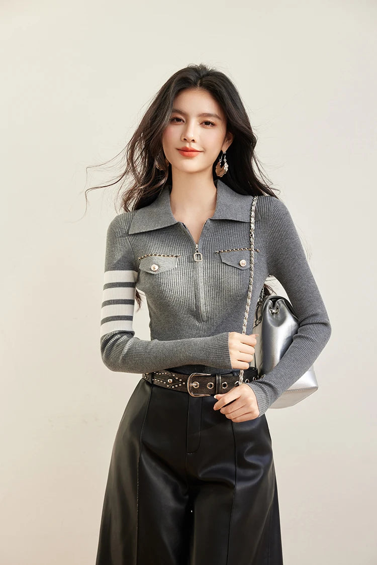 H Han Queen Spring Autumn Zipper Tops Slim Knitted Bottom Shirt Women's Sweater Striped  Casual Knitted Pullover Sweater