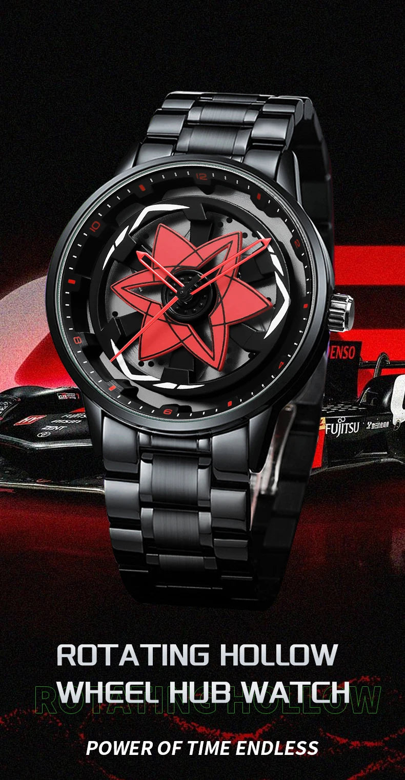 2025 New Watch Car Series Creative Rotating Quartz Movement Sports Style Black Stainless Steel Clock Men Couple Gift Wrist Watch