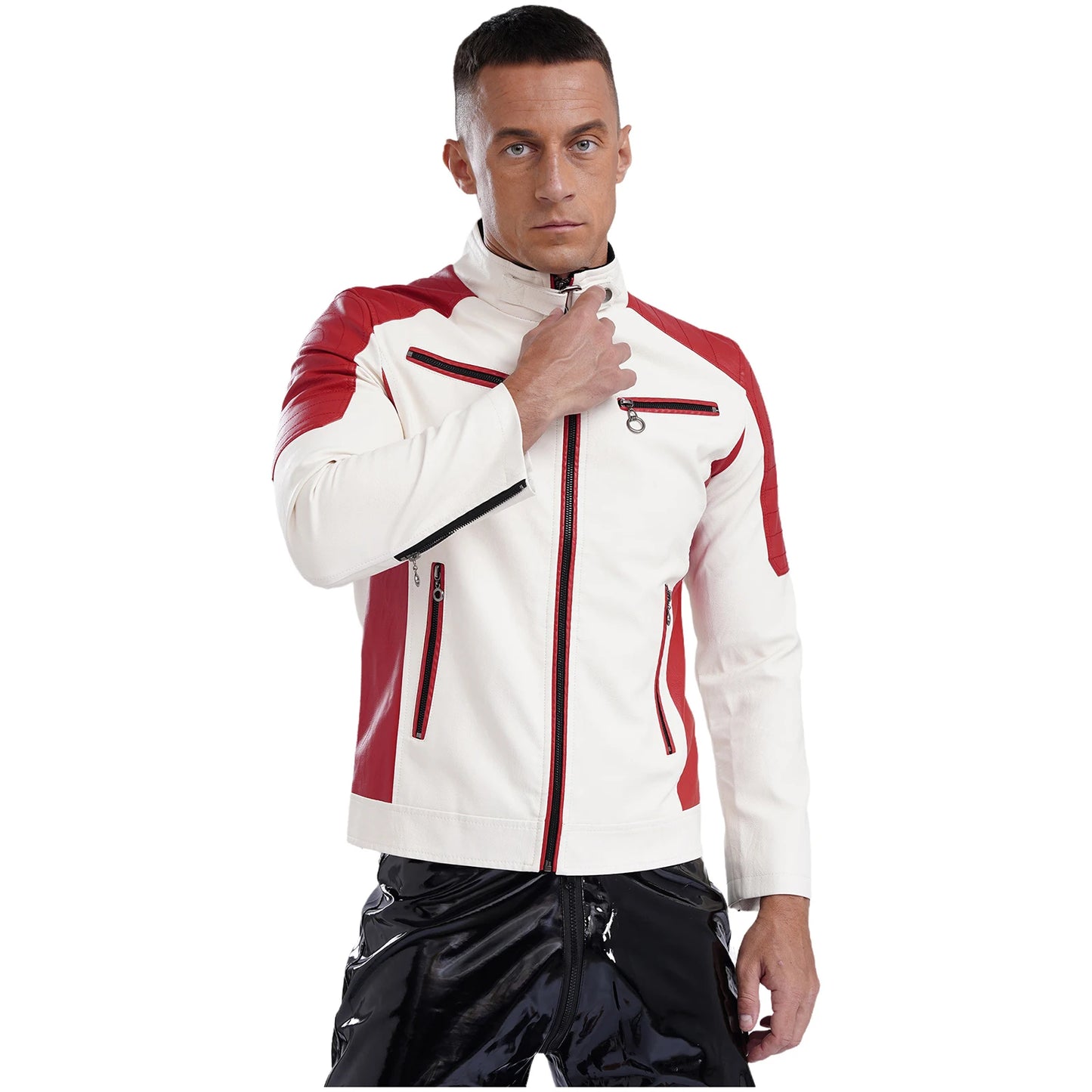 Mens Racing PU Leather Jackets Coat Long Sleeve Front Zipper Outerwear Windproof Motorcycle Biker Racer Bomber Jacket Streetwear