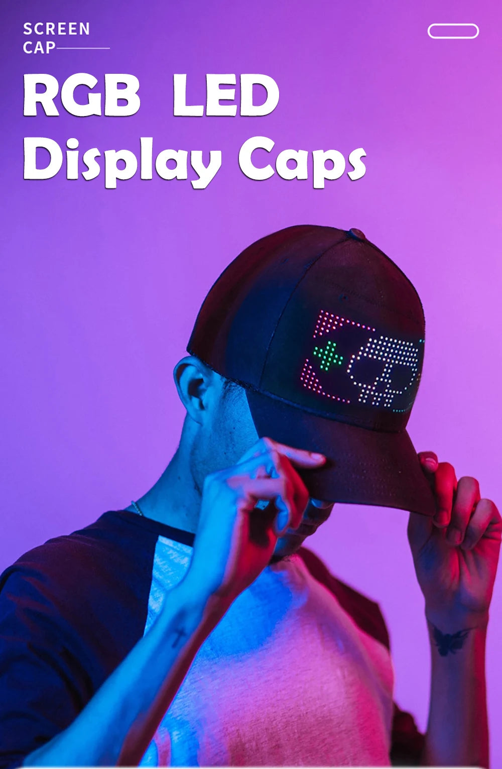 LED Hat Light Display Screen DIY Smart Pixel Matrix Baseball Hat Rechargeable Bluetooth APP Control Hip Hop Street Party Decor