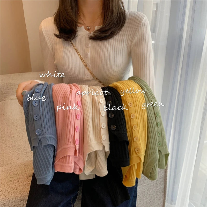 Knitted Women Sweater Button O-neck Pullovers Spring Autumn Basic Sweaters for Female Pullover Slim Solid Bold Stripes Tops