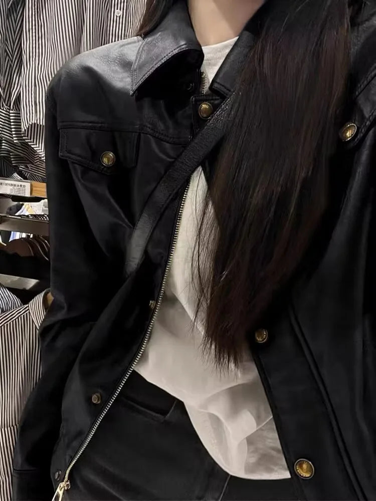 Pu Faux Leather Coat Women Casual Solid Jackets Long Sleeves Turn Down Collar Single Breasted Straight Streetwear 2025 Autumn