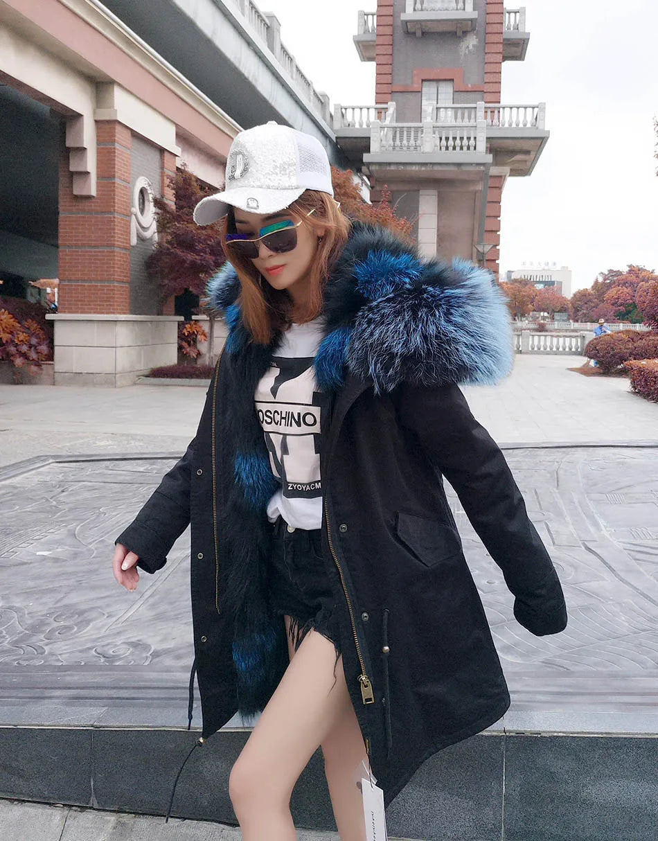 2024 MAOMAOKONG New Real Fur coat Raccoon Collar Detachable Fox fur lining jackets Women's winter Coats parkas Female clothing