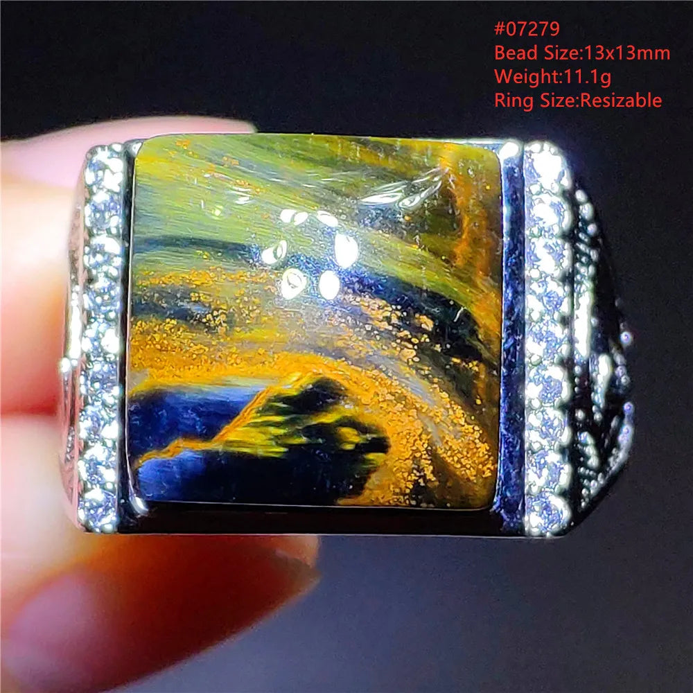 Natural Blue Pietersite Beads Adjustable Ring Woman Men Namibia Pietersite Ring Chatoyant Beads Fashion Silver Jewelry AAAAAA