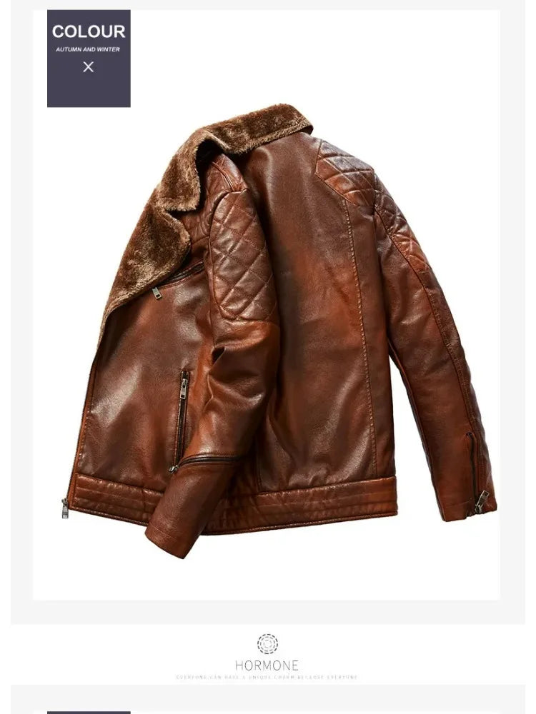 Fashion Warm Winter Mens PU Leather Jacket With Fur Collar Thicken Fleece Motorcycle Coat Casual Faux Leather Locomotive Jacket