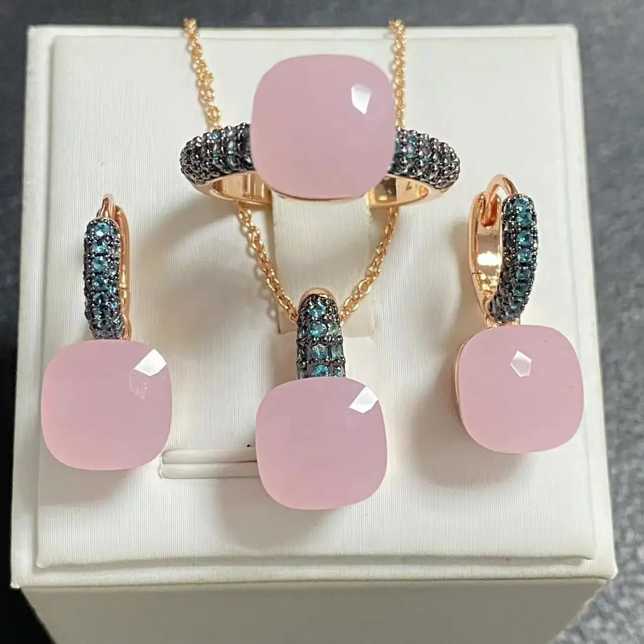 3Pcs Gun Black Plated Blue Zircon Jewelry Set for Women Includes Ring Earrings Necklace Elegant Crystal Blue Topaz Matching Gift