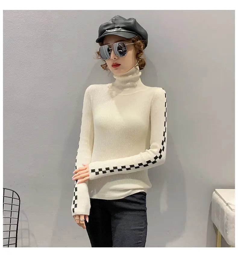 Pile Collar Plaid Bottoming Shirt Female New Autumn Winter Temperament All-match Sweater Interior Lapping Slim Turtleneck Tops