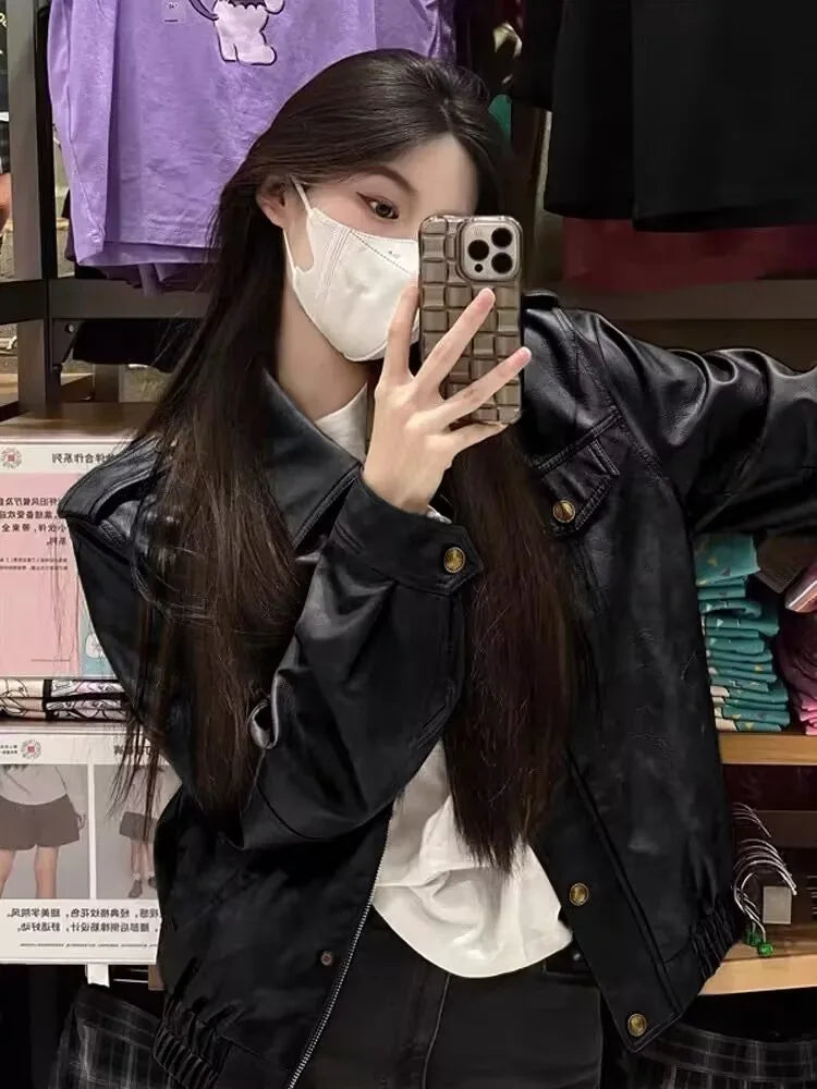 Pu Faux Leather Coat Women Casual Solid Jackets Long Sleeves Turn Down Collar Single Breasted Straight Streetwear 2025 Autumn