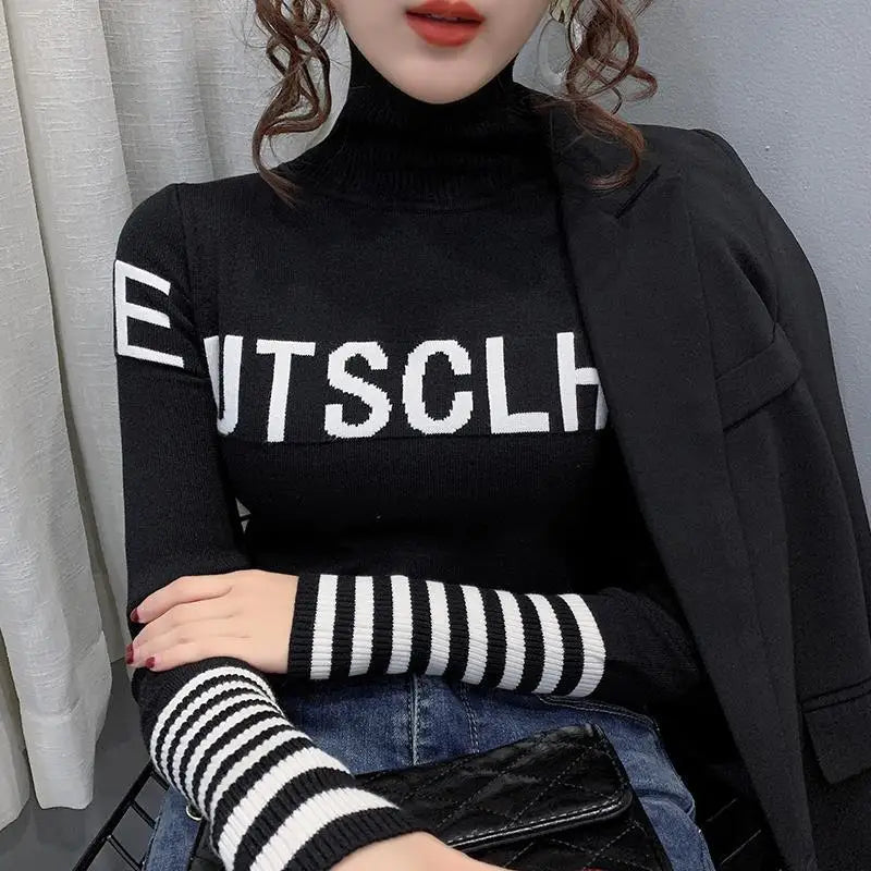 Turtleneck Pullovers Femme Autumn Winter Interior Lapping Fashionable Slim Bottoming Shirt Letter Knitting Sweater Striped Tops