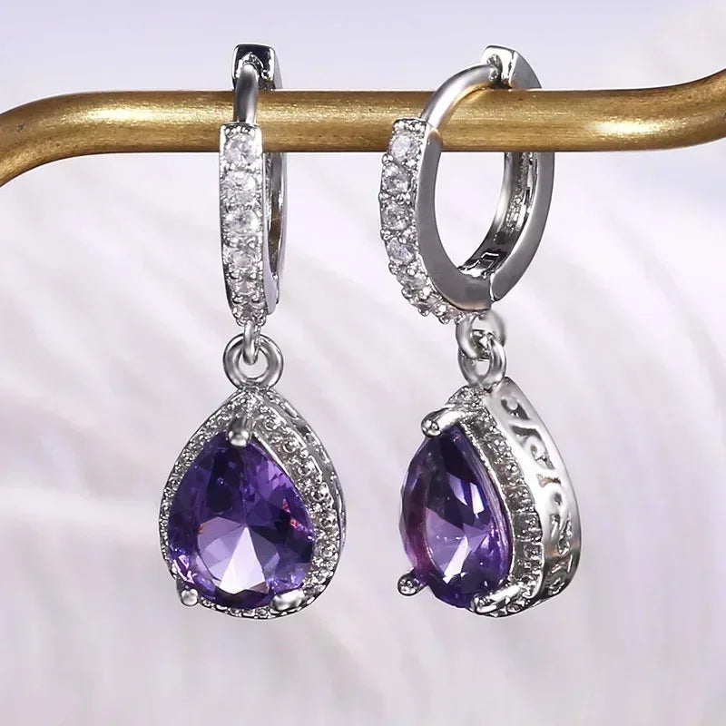 Luxury Square Purple Cubic Zirconia Crystal Earrings  for Women New FashionExquisite Fashion Gold Color Dangle  Wedding Jewelry
