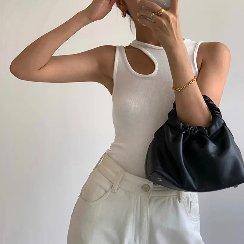 Casual y2k White Cut Out Women's T Shirt Sleeveless Slim T Shirts Female Clothing 2024 Summer Fashion crop top women camisetas