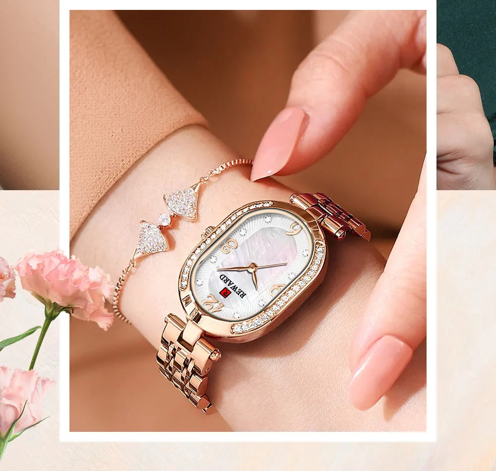 REWARD Exquisite Minimalist Women Watch Luxury Fashion Stain Steel Ladies Waterproof Quartz Wristwatch Rose Gold Female Clock