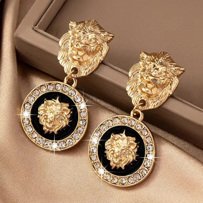 Stud Earrings For Women Vintage Lion Head Glass Geometric Party Gift OL Holiday Fashion Jewelry Ear Accessories CE150