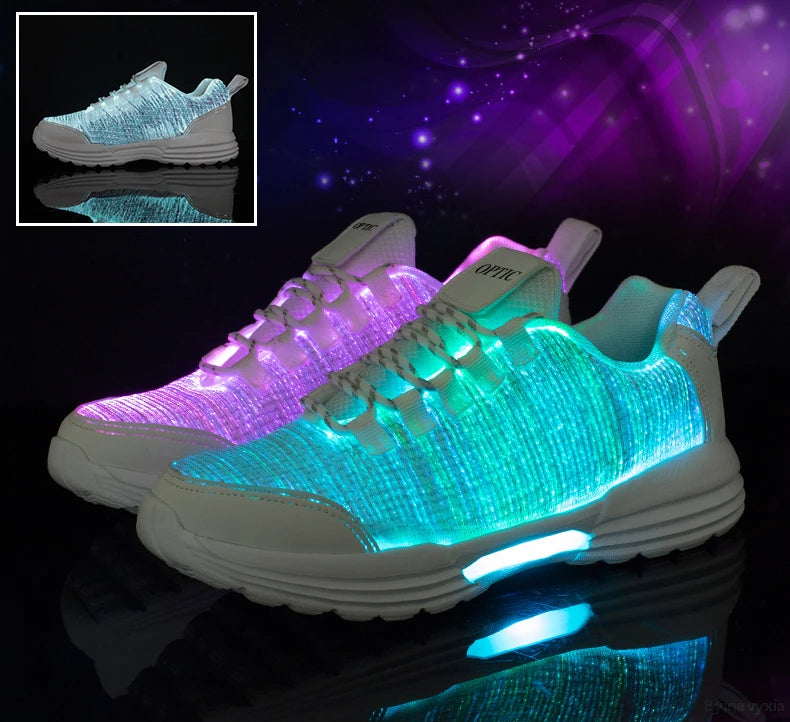 Men Fashion LED Shoes Light Up Sneakers USB Recharging Fiber OPTIC Cloth Elastic Sole Glowing Luminous Flashing Casual Shoes