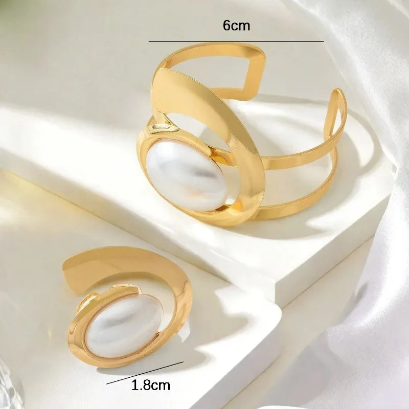 Exaggerated Pearl Spiral Bracelet Ring Set For Women Girls Personality Geometric Fashion Jewelry Holiday Party Gift OL S247