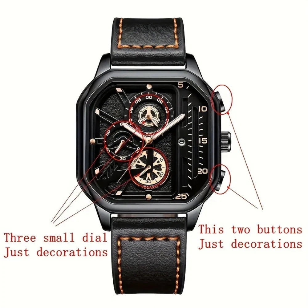Luxury Big Dial Men Square Watch Casual PU Leather Strap Men Sports Watches