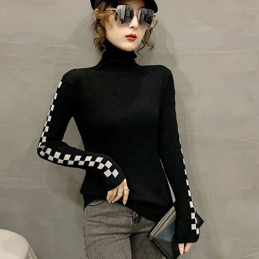 Pile Collar Plaid Bottoming Shirt Female New Autumn Winter Temperament All-match Sweater Interior Lapping Slim Turtleneck Tops