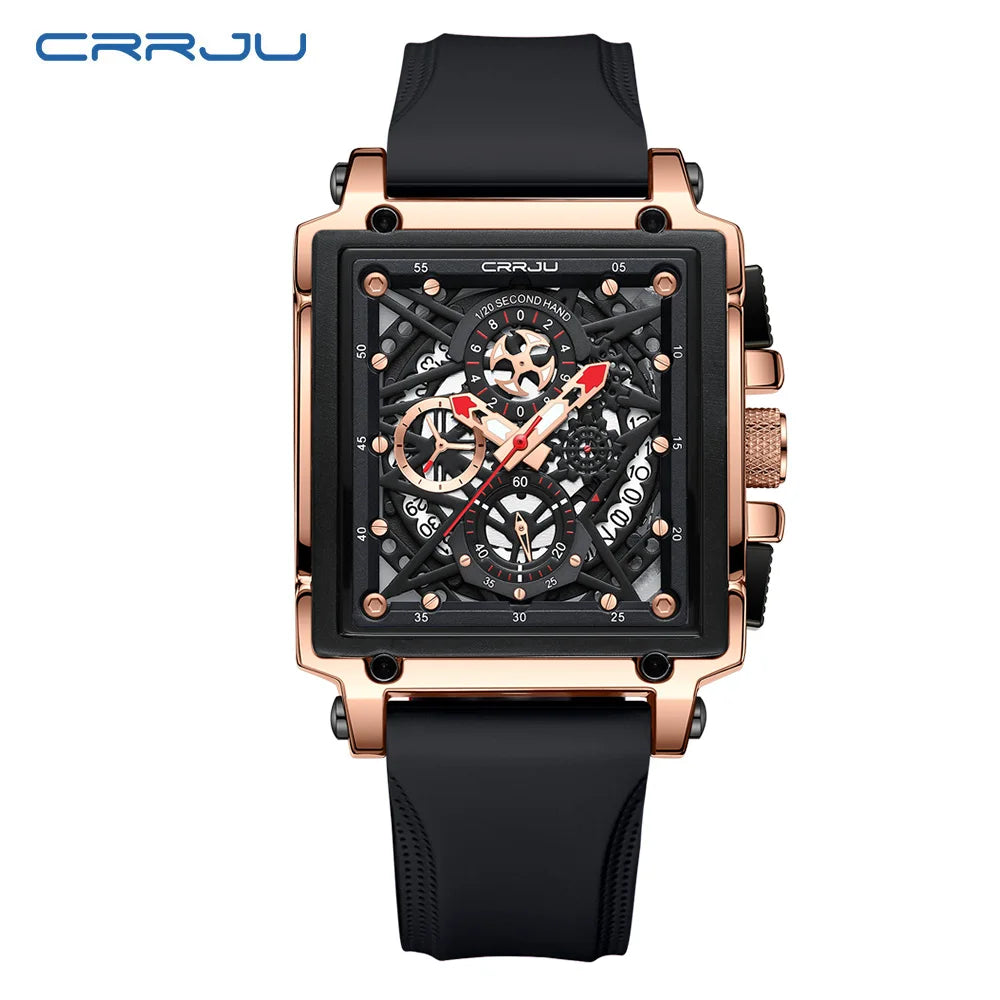CRRJU Men's Sports Chronograph Wrist Watch For Men Army Silicone strap Square Quartz Stop Watch Clock Man Relogios Masculino