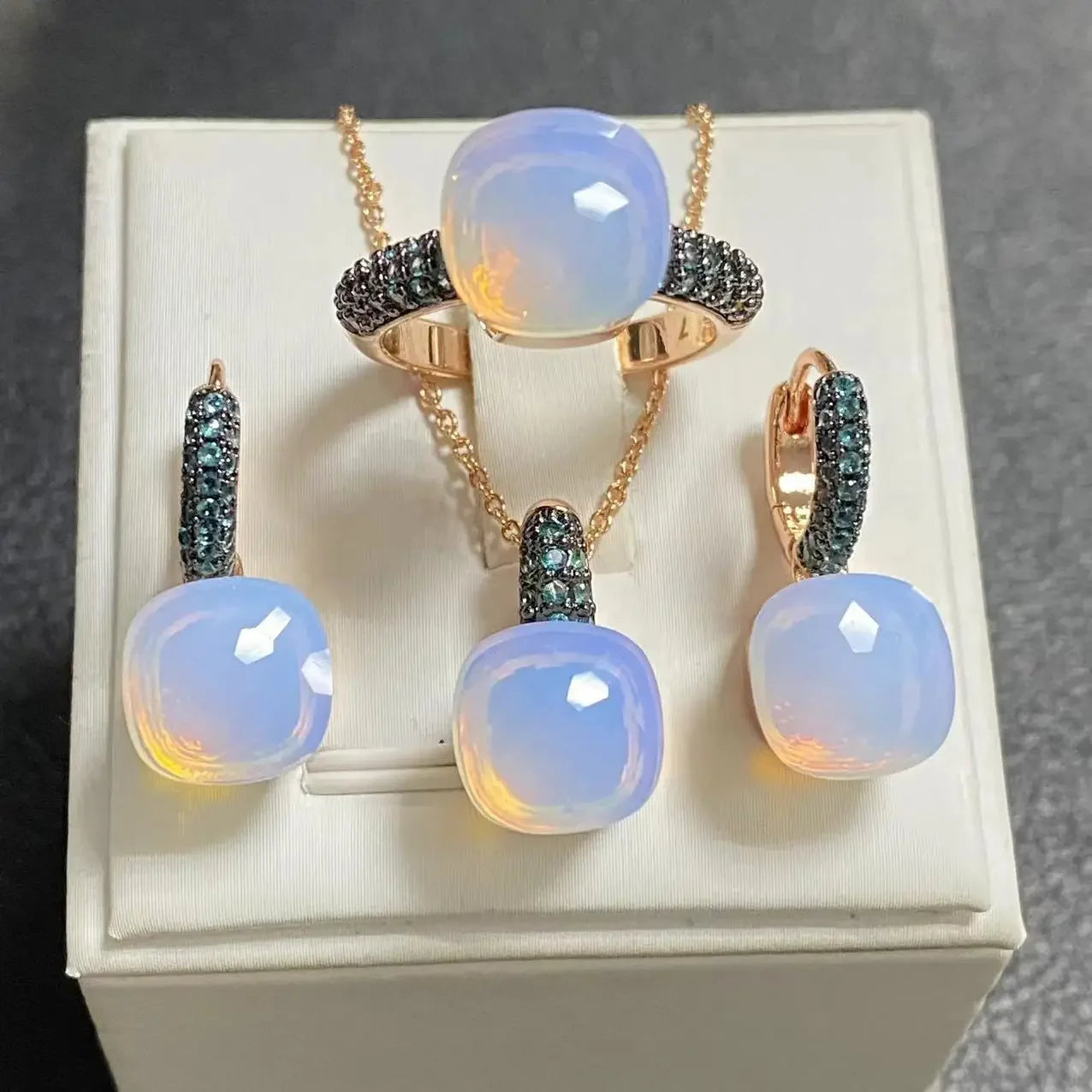 3Pcs Gun Black Plated Blue Zircon Jewelry Set for Women Includes Ring Earrings Necklace Elegant Crystal Blue Topaz Matching Gift