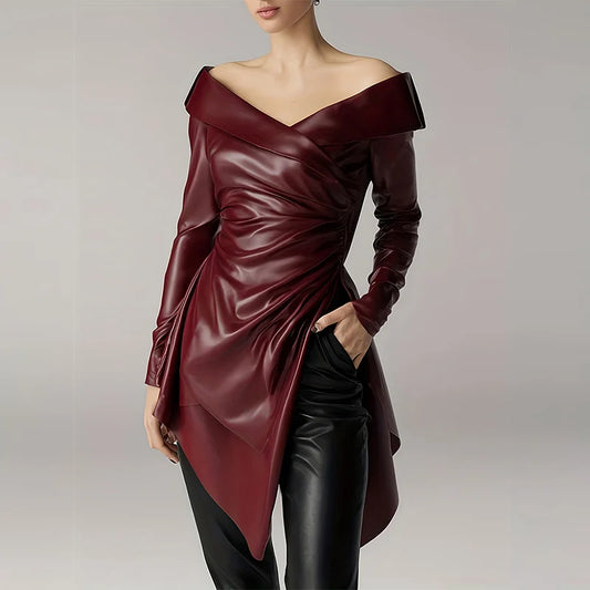 Fashion Women's Leather Top Off Shoulder Wrap Ruched Asymmetrical Hem Long Sleeve Leather Top High Street Autumn Streetwear