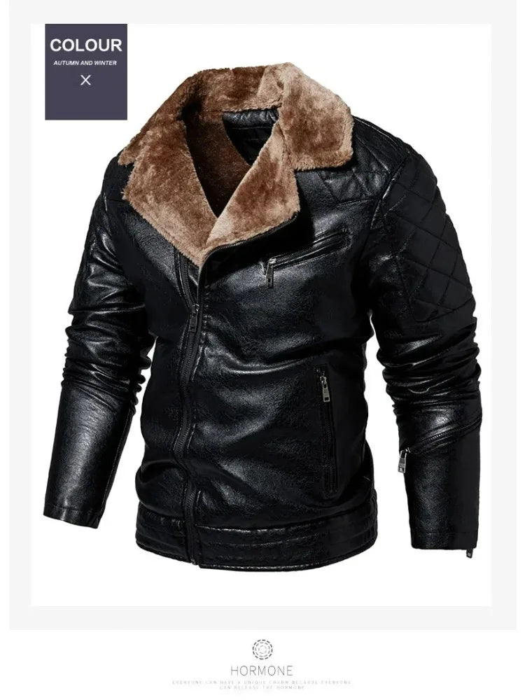 Fashion Warm Winter Mens PU Leather Jacket With Fur Collar Thicken Fleece Motorcycle Coat Casual Faux Leather Locomotive Jacket