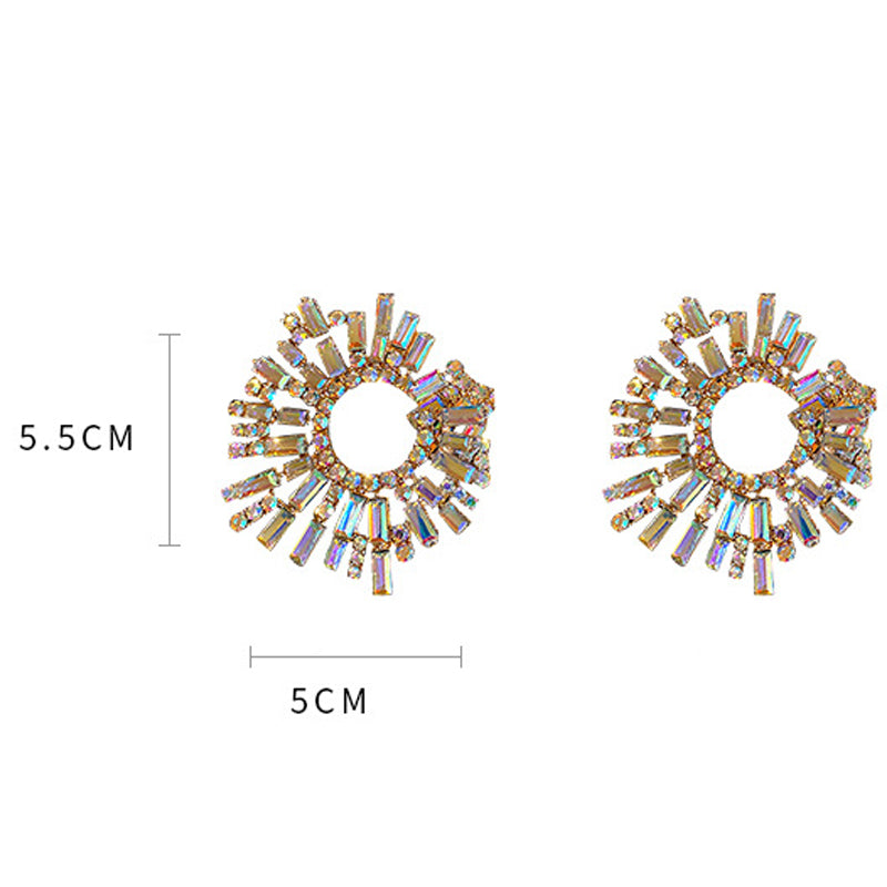 Luxury Exaggerated Crystal Earrings Large Circle Flower Shiny Rhinestone Stud Earrings for Women 2023 Trendy Fashion Jewelry