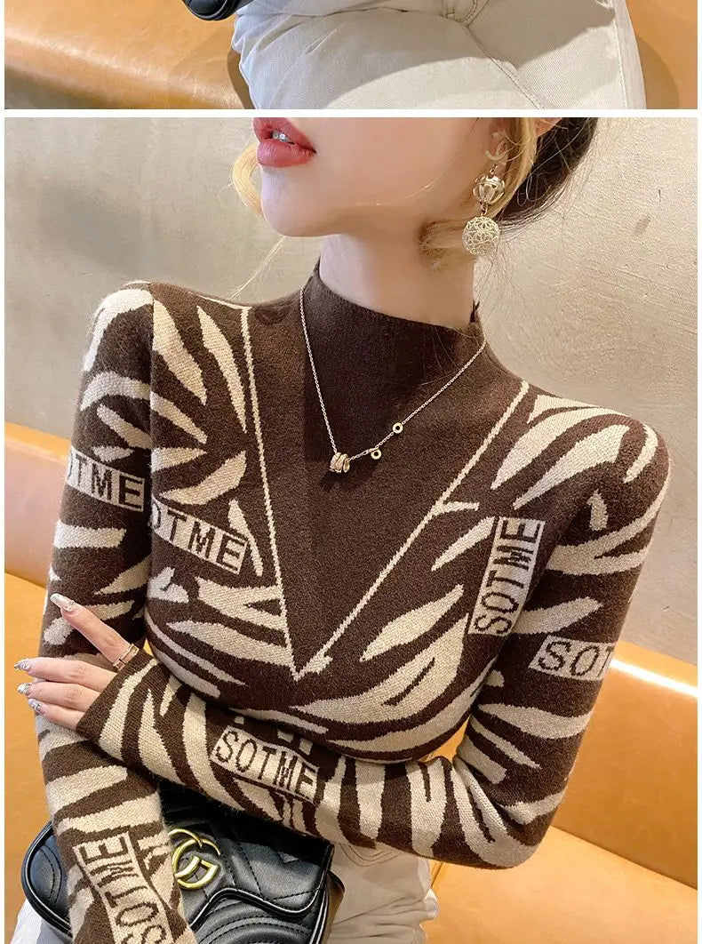 Autumn Office Lady Patchwork Knitting Turtleneck Long Sleeve Pullovers Women Clothes Fashion Letter Slim Top Tee Ladies Sweater