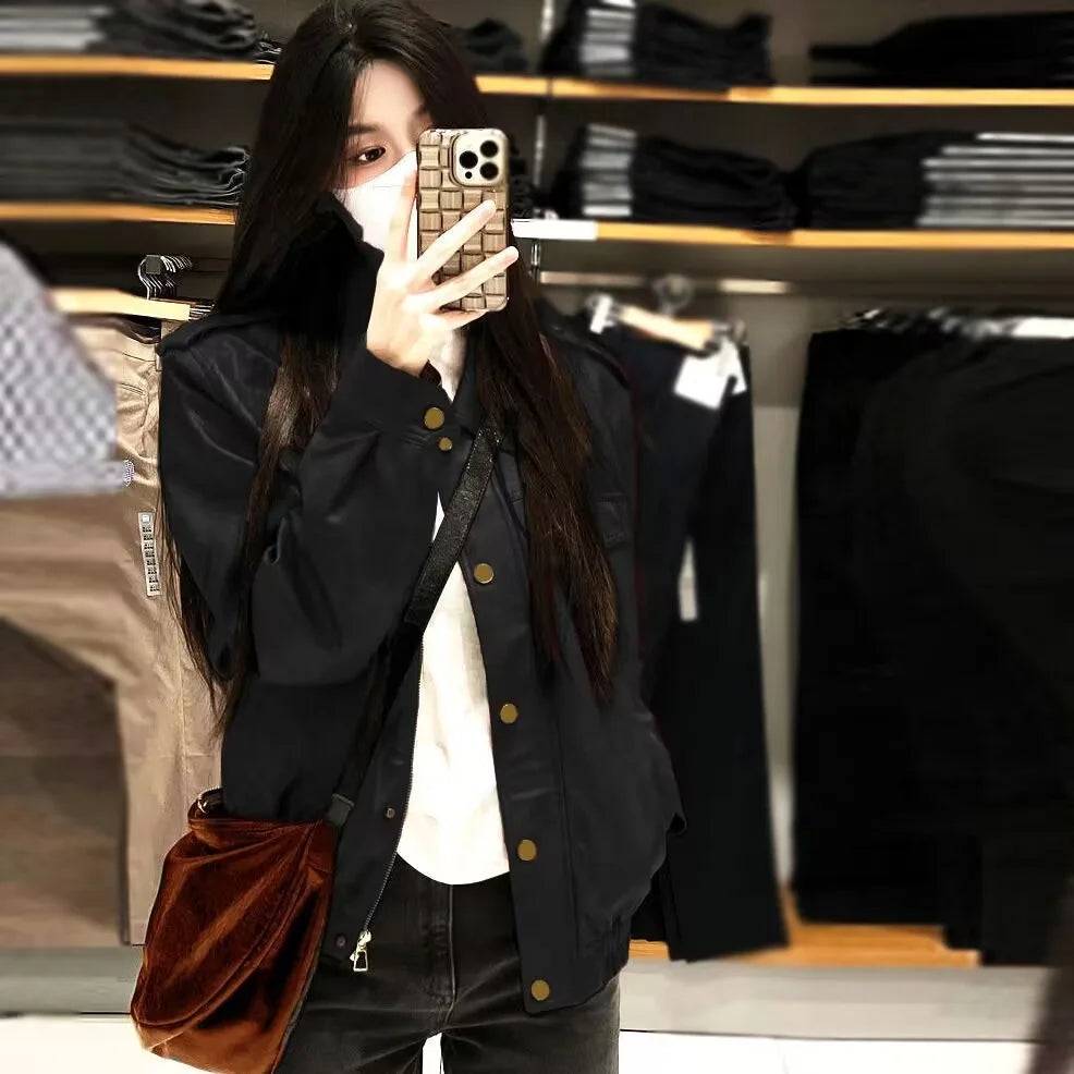 Pu Faux Leather Coat Women Casual Solid Jackets Long Sleeves Turn Down Collar Single Breasted Straight Streetwear 2025 Autumn