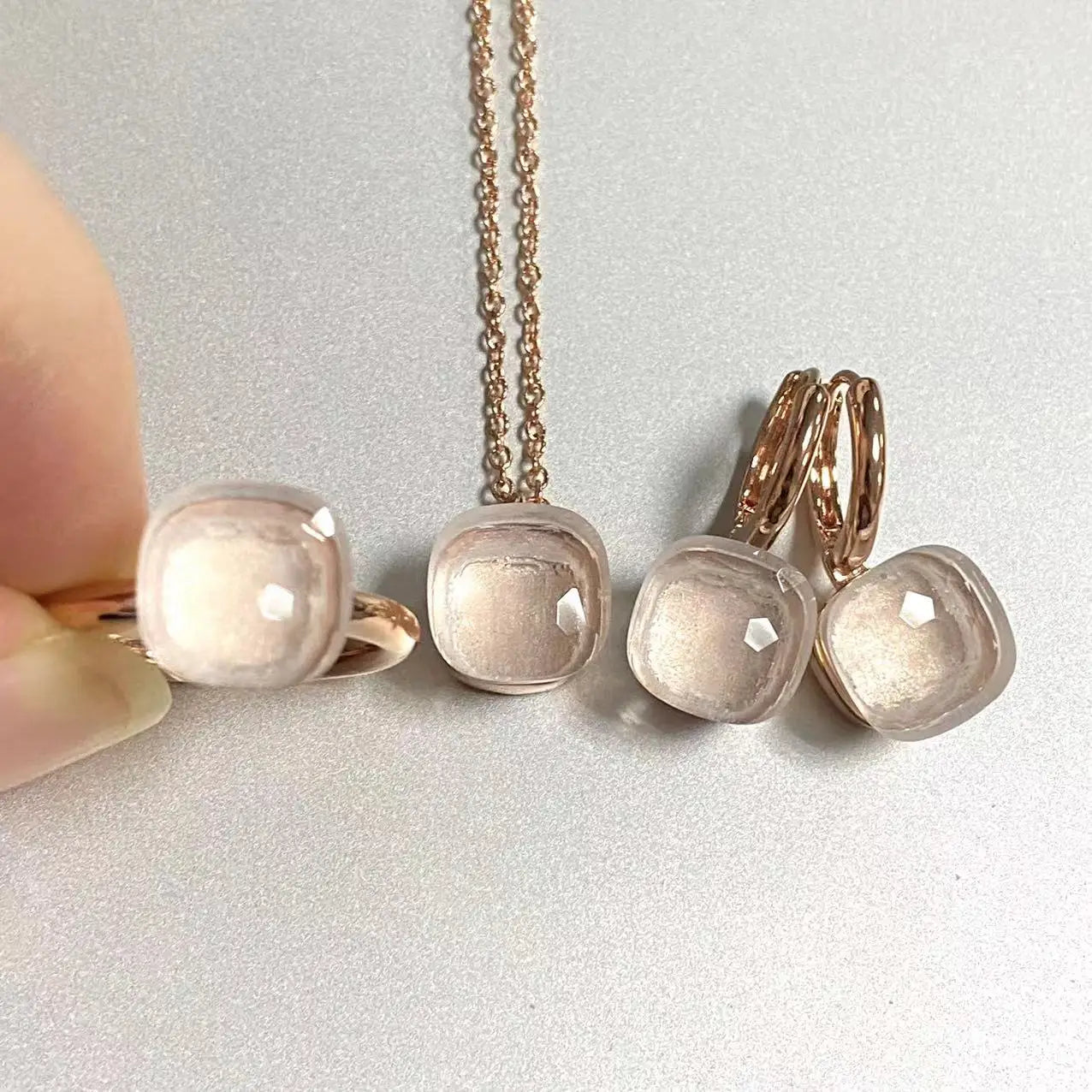 3Pcs/Set Women Ring Earrings Necklace Jewelry Set 34Colors Pink Crystal Jewelry Set Rose Gold Plated Jewelry